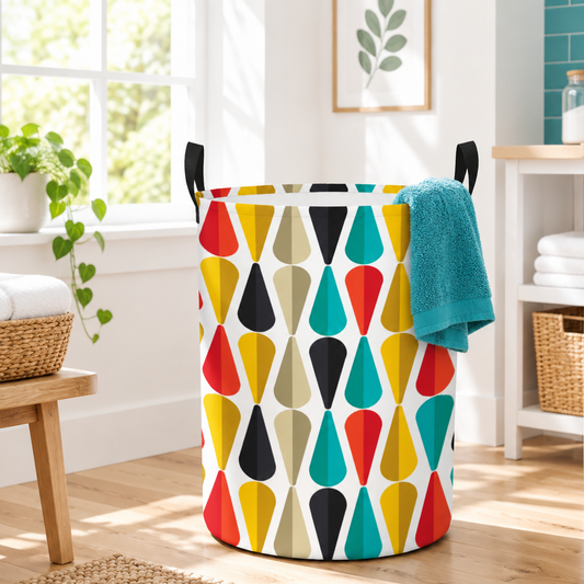 Retro 50s Mid Century Mod Bold Geometric Multicolor Round Laundry Hamper