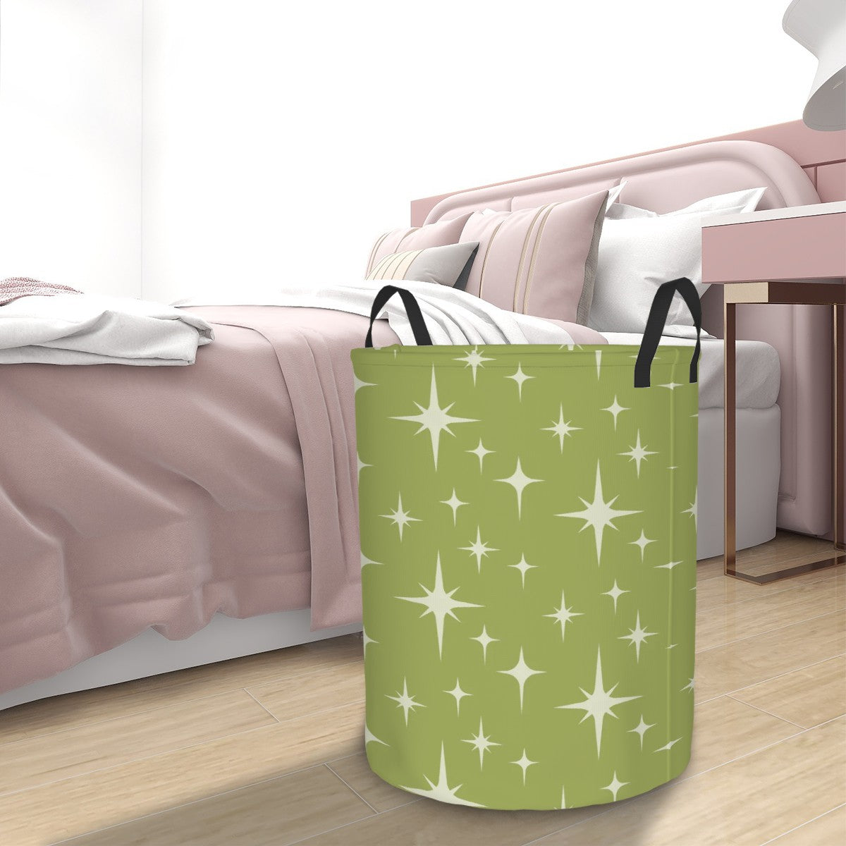 Retro 50s Atomic Starburst Mid Century Modern Chartreuse Green Round Laundry Hamper