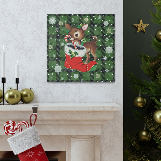 Retro 50s Christmas Vintage Reindeer MCM Green Canvas Gallery Wrap