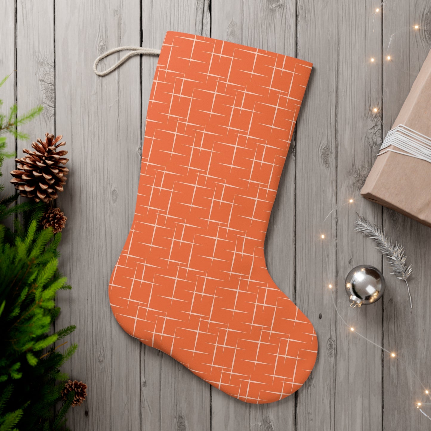 Retro 50s 60s Mid Century Modern Lines Orange Christmas Stocking