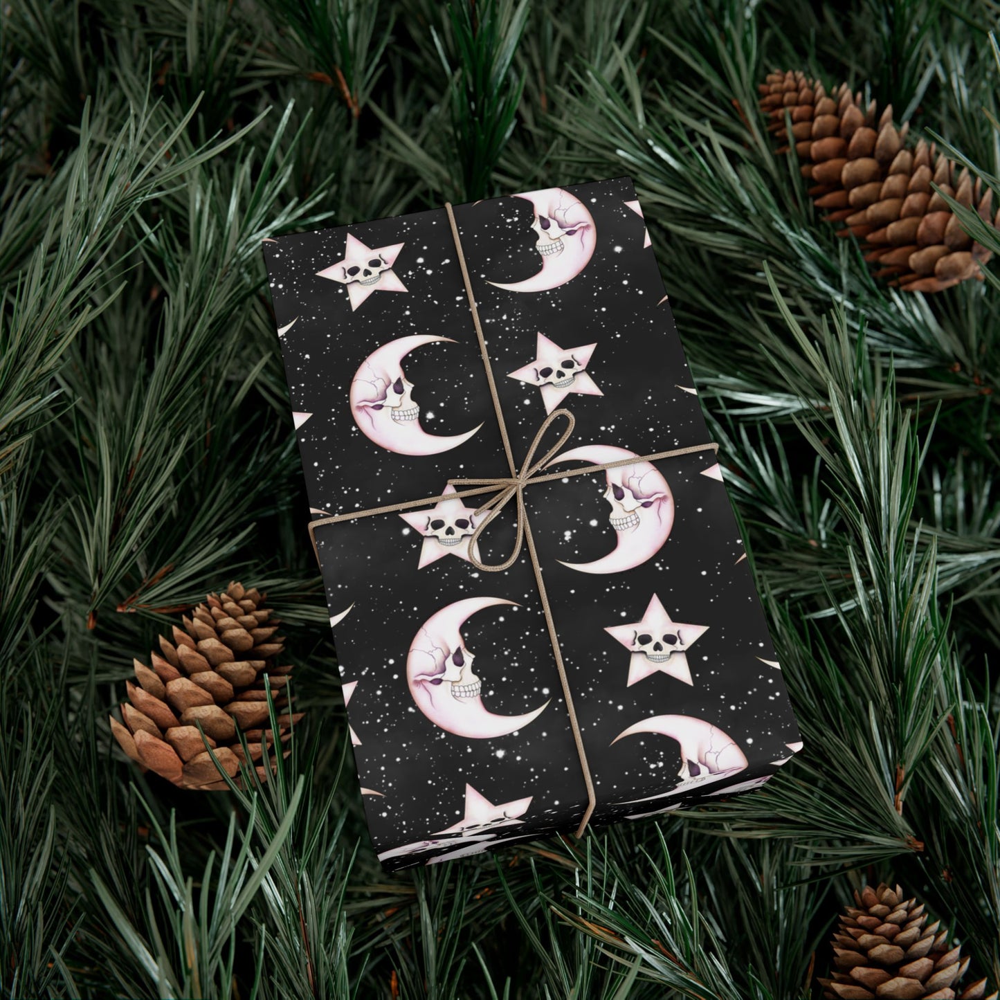 Goth Christmas Celestial Moon & Stars, Whimsical Kawaii Creepmas Black Eco-Friendly Gift Wrap