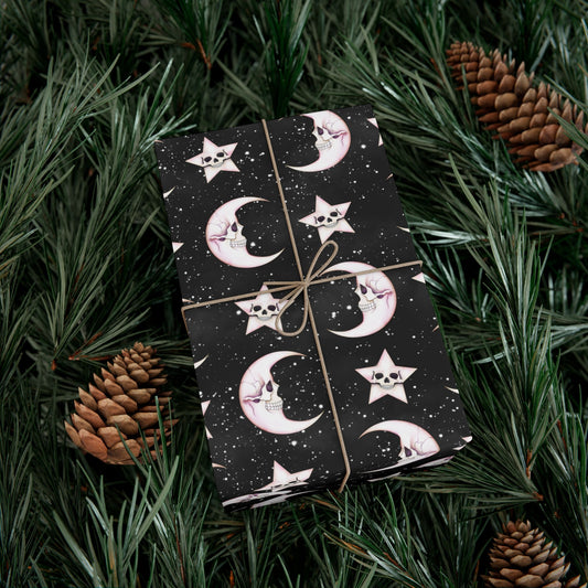 Goth Christmas Celestial Moon & Stars, Whimsical Kawaii Creepmas Black Eco-Friendly Gift Wrap