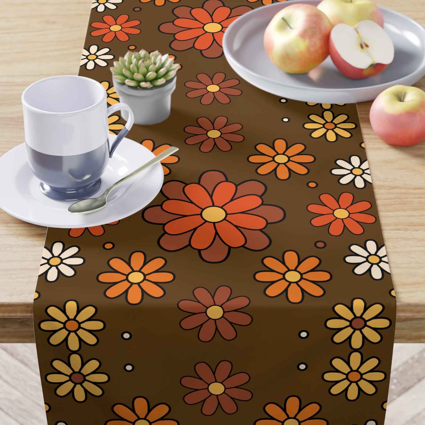 Retro 60s 70s Groovy Mod Daisy, Floral Mid Century Brown & Orange Table Runner