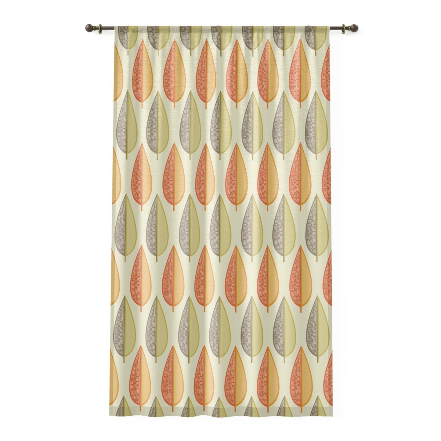 Mid Century Modern Leaves Orange, Green and Cream Sheer Window Curtain | lovevisionkarma.com