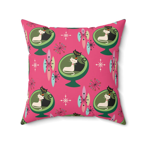Retro 50s Atomic Cat Couple in Ball Chair MCM Pink & Green Pillow | lovevisionkarma.com