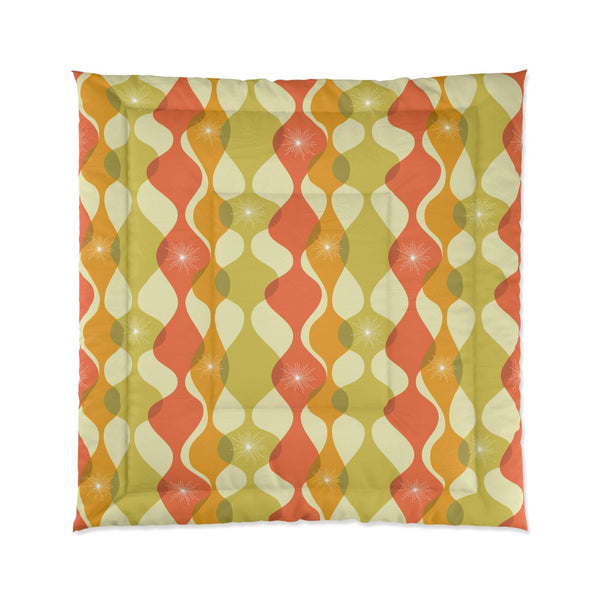 Retro 60s 70s Mid Century Mod Groovy Abstract Green, Orange & Mustard Comforter