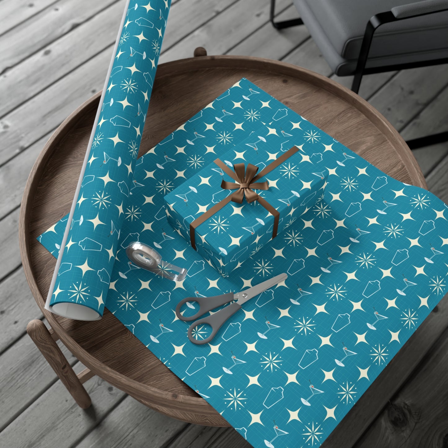 Retro 50's Atomic Starburst & Martinis Mid Century Mod Blue Eco-Friendly Gift Wrap