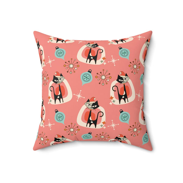 Retro 1950s Christmas Atomic Cats Mid Century Mod Pink Coral Throw Pillow | lovevisionkarma.com