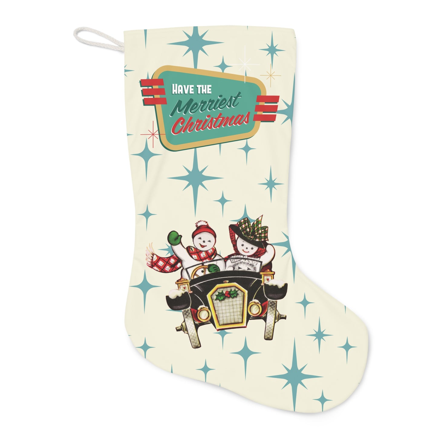 Retro 50s Vintage Snowman Couple, Atomic Starburst Mid Century Cream & Blue Christmas Stocking