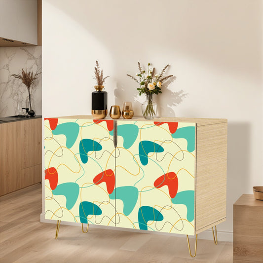 Retro 50's Atomic Boomerang Mid Century Mod Blue, Orange and Cream Sideboard, Credenza, Wooden Storage Cabinet