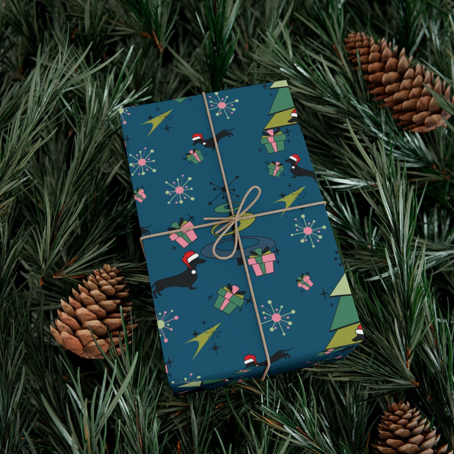 Retro 50s Atomic Dachshund Wiener Dog MCM Blue Eco-Friendly Wrapping Paper