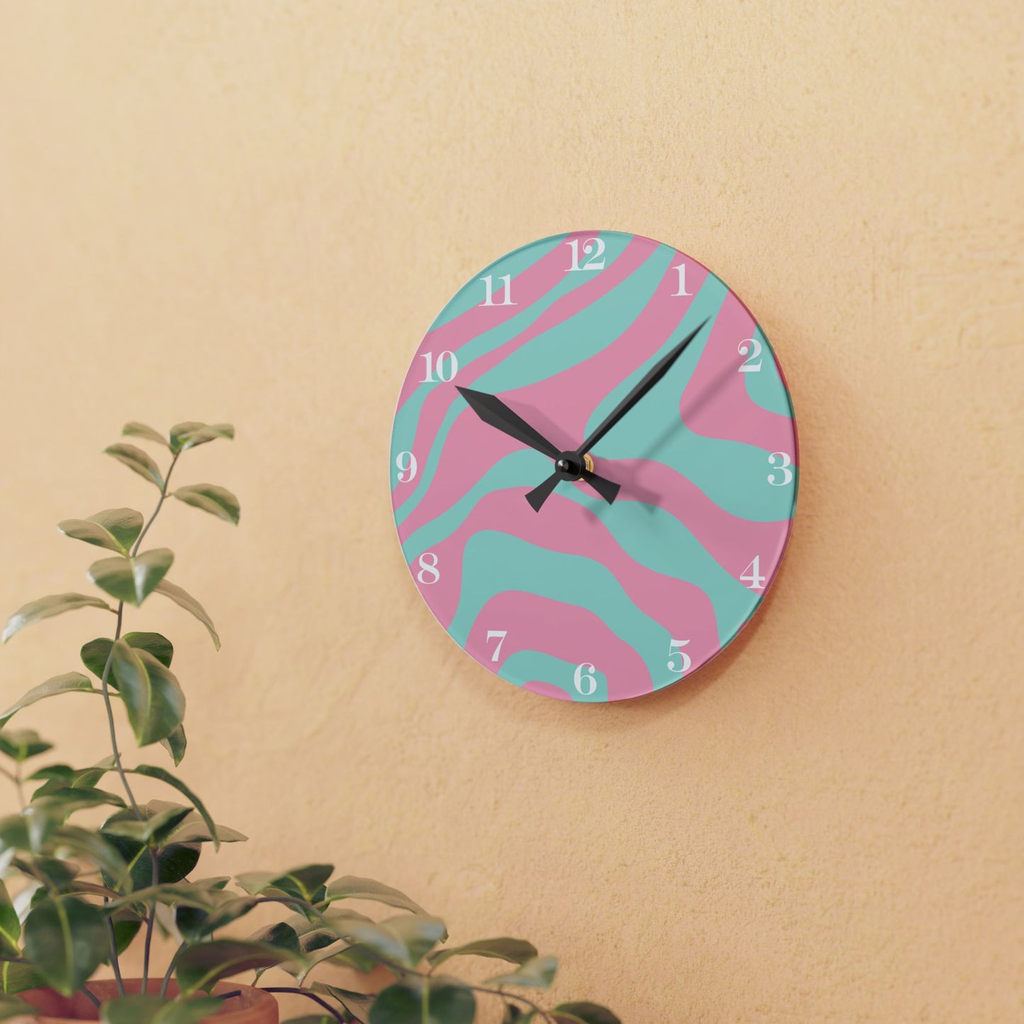 Groovy 60s Hippie Swirl 50s Pink & Green Mid Century Mod Acrylic Wall Clock