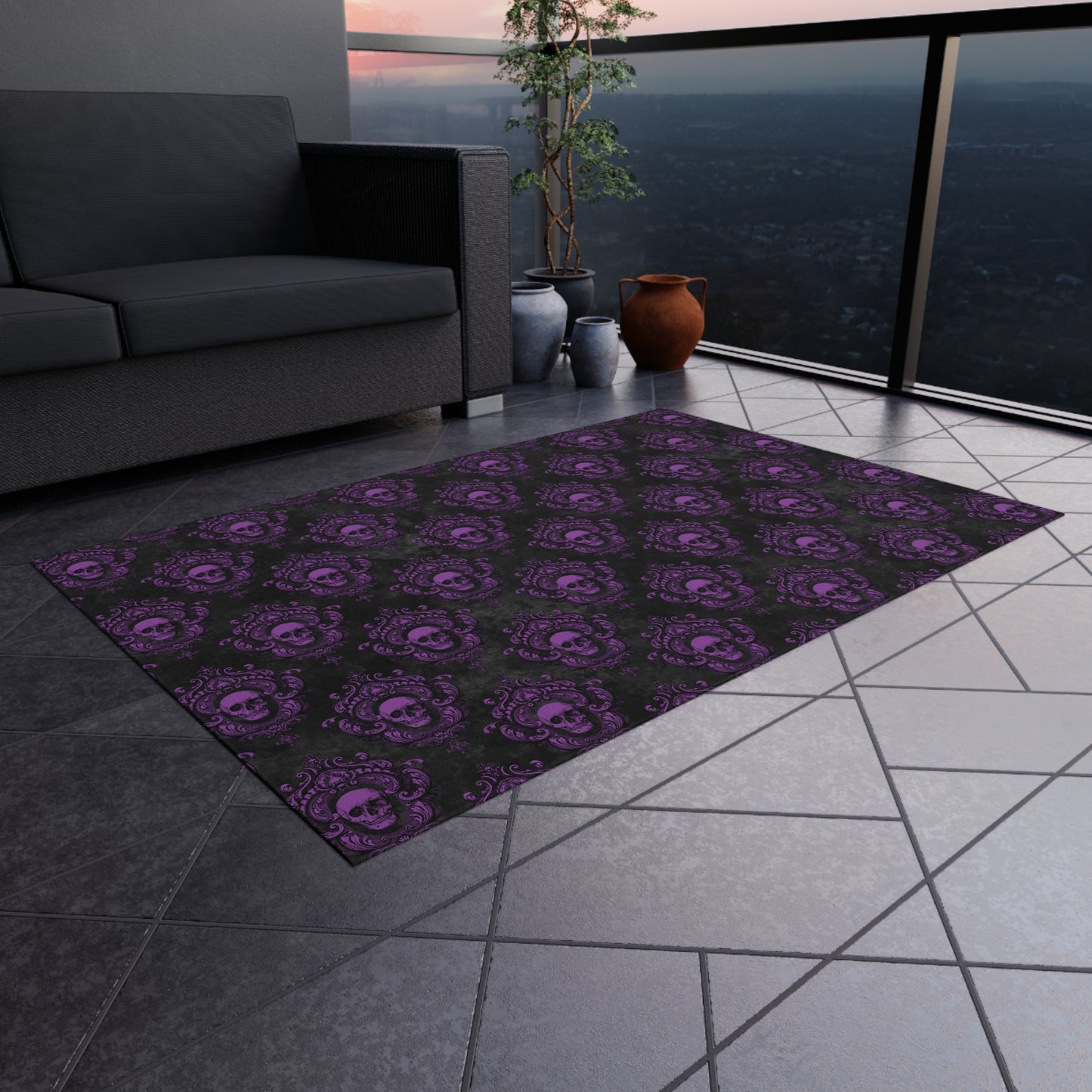 Gothic Purple Skulls, Victorian Glam Goth, Dark Academia Anti-Slip Indoor/Outdoor Accent Rug