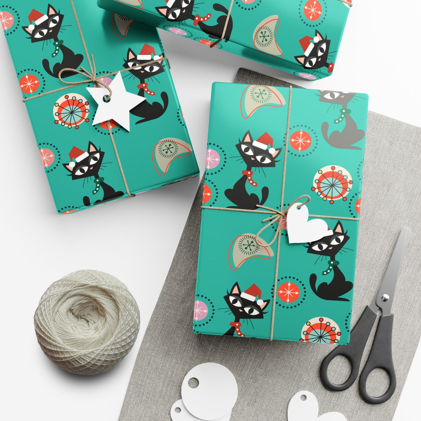 Retro 50's Atomic Cat Christmas Kitschy Mid Century Modern Teal Blue Eco-Friendly Wrapping Paper