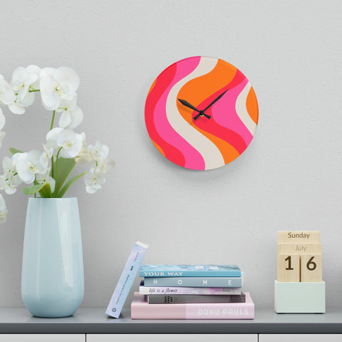 Groovy 60's Hippie Swirl Pink & Orange Mid Century Mod Acrylic Wall Clock