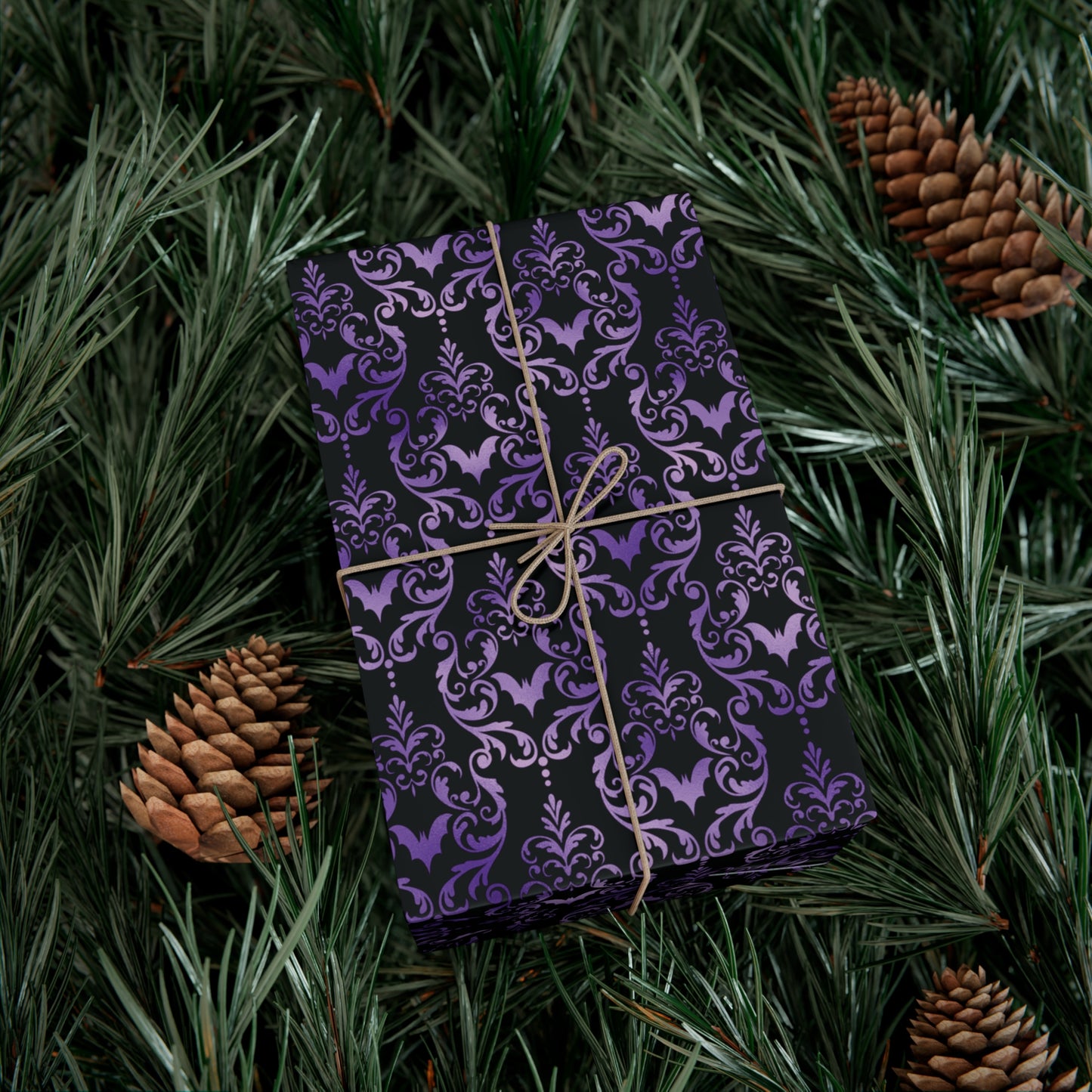 Purple Damask Bats, Victorian Goth Inspired, Dark Academia Goth Christmas & Creepmas Glam Goth Black Gift Wrap Paper