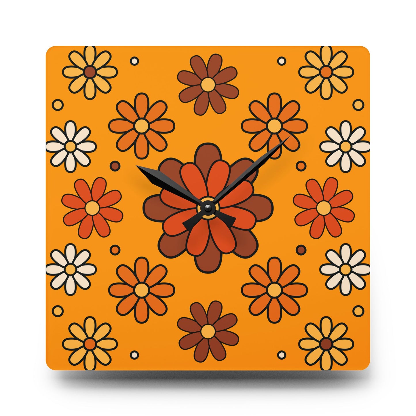 Retro 60s 70s Groovy Mod Daisy Floral Mid Century Orange & Brown Acrylic Wall Clock