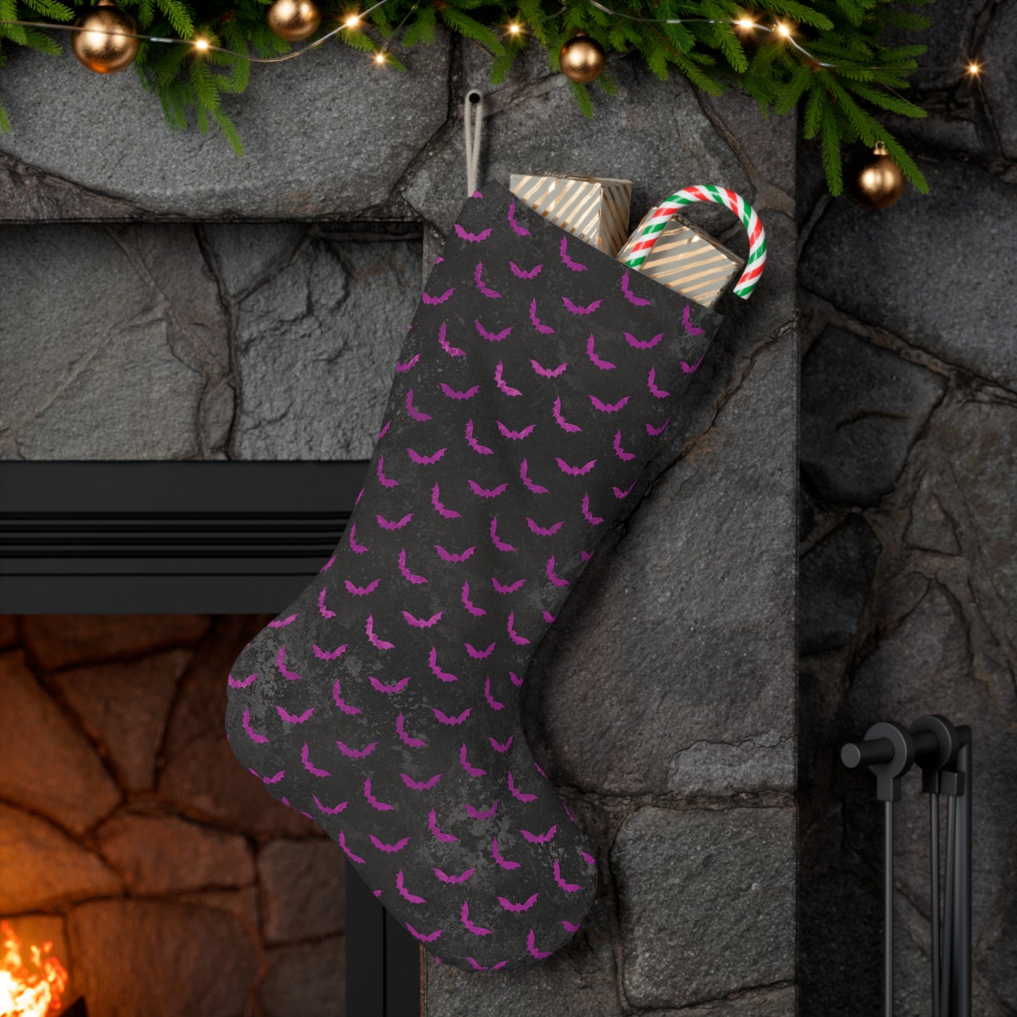 Purple Bats Goth Christmas, Creepy Scary Distressed Black Creepmas Stocking