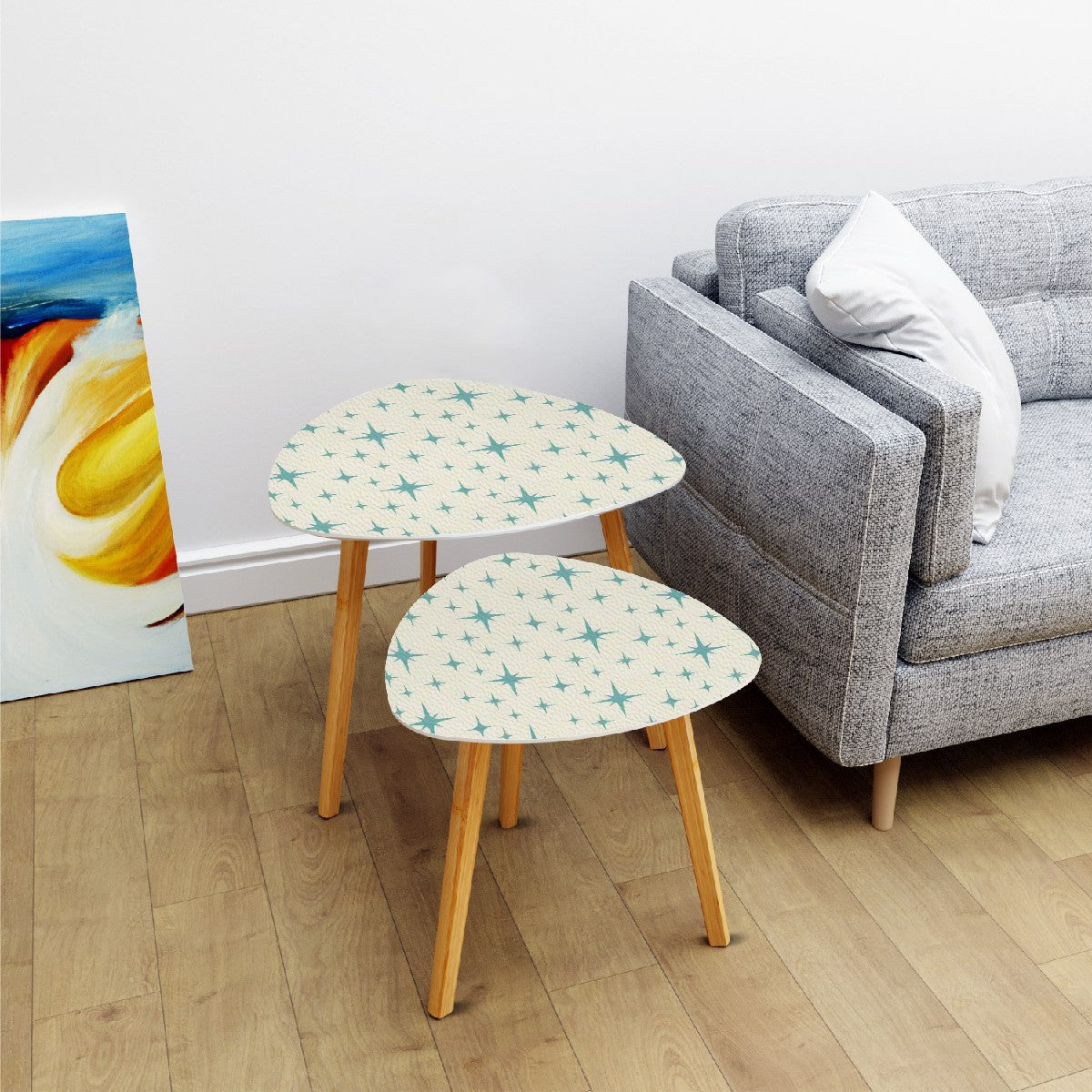 Retro 50s Atomic Starburst Mid Century Mod Blue and Off-White Nesting Accent Tables