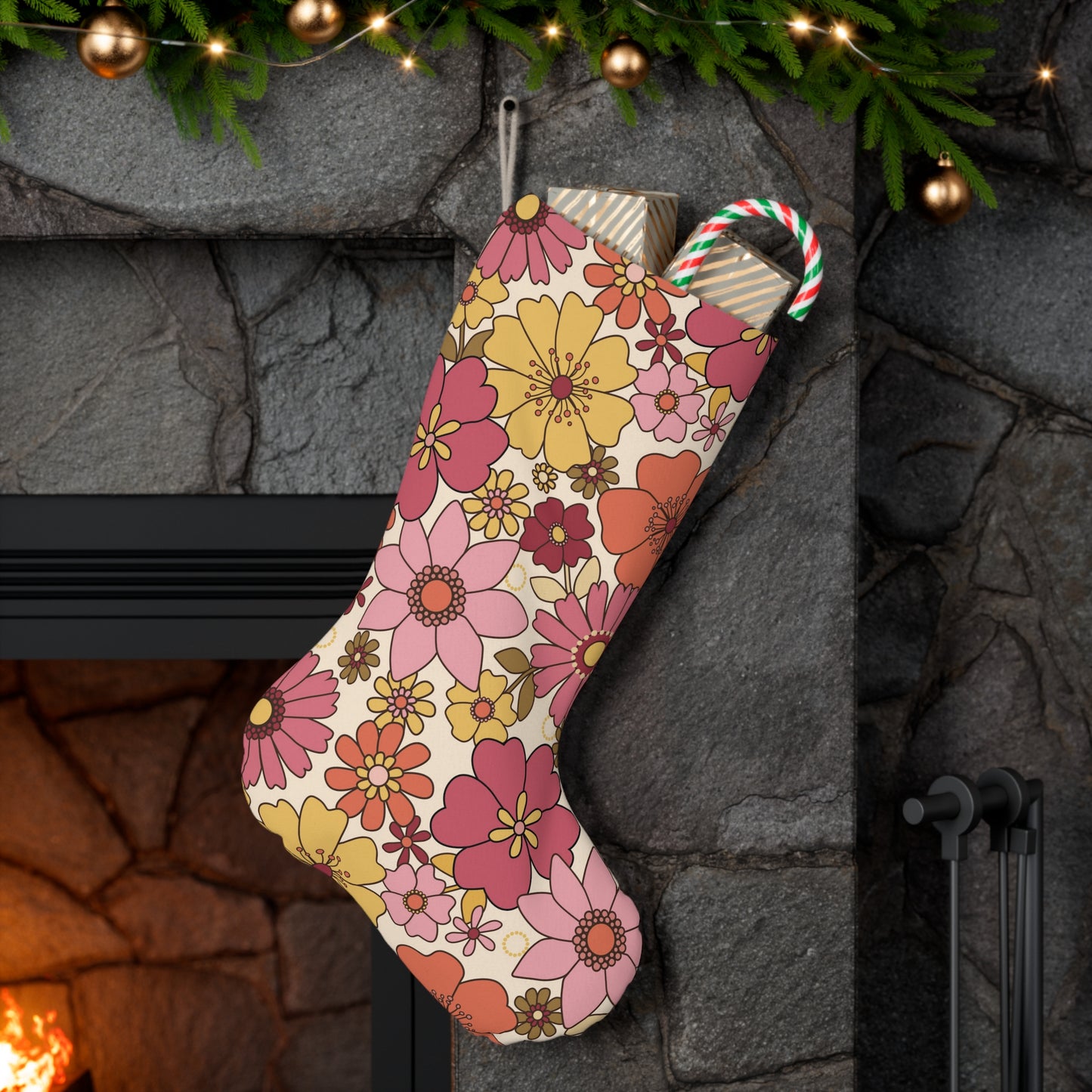 Retro Boho Mid Century Floral Yellow and Pink Christmas Stocking