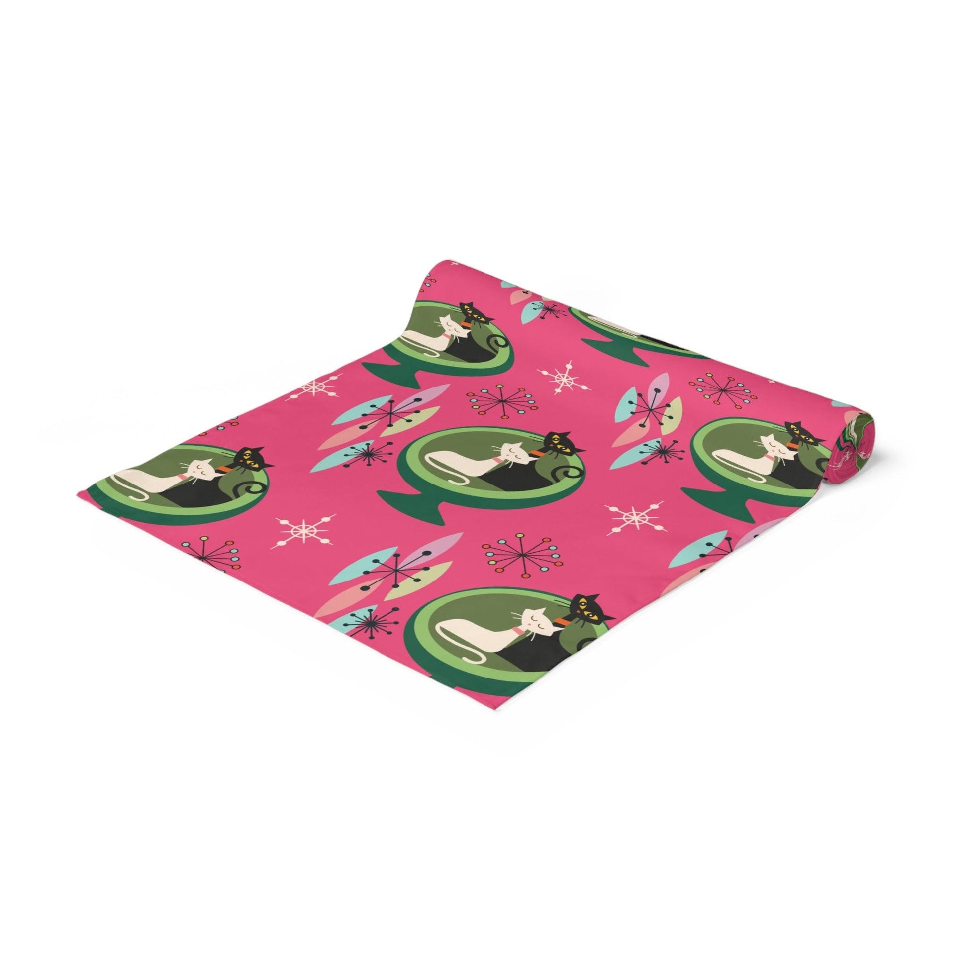 Retro Atomic Cat Couple in Ball Chair MCM Pink & Green Table Runner | lovevisionkarma.com