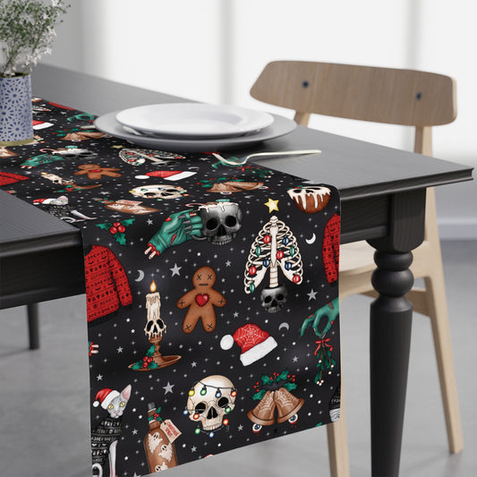 Kitschy Kawaii Goth Christmas, Creepy Cute Whimsigoth Creepmas Black Table Runner