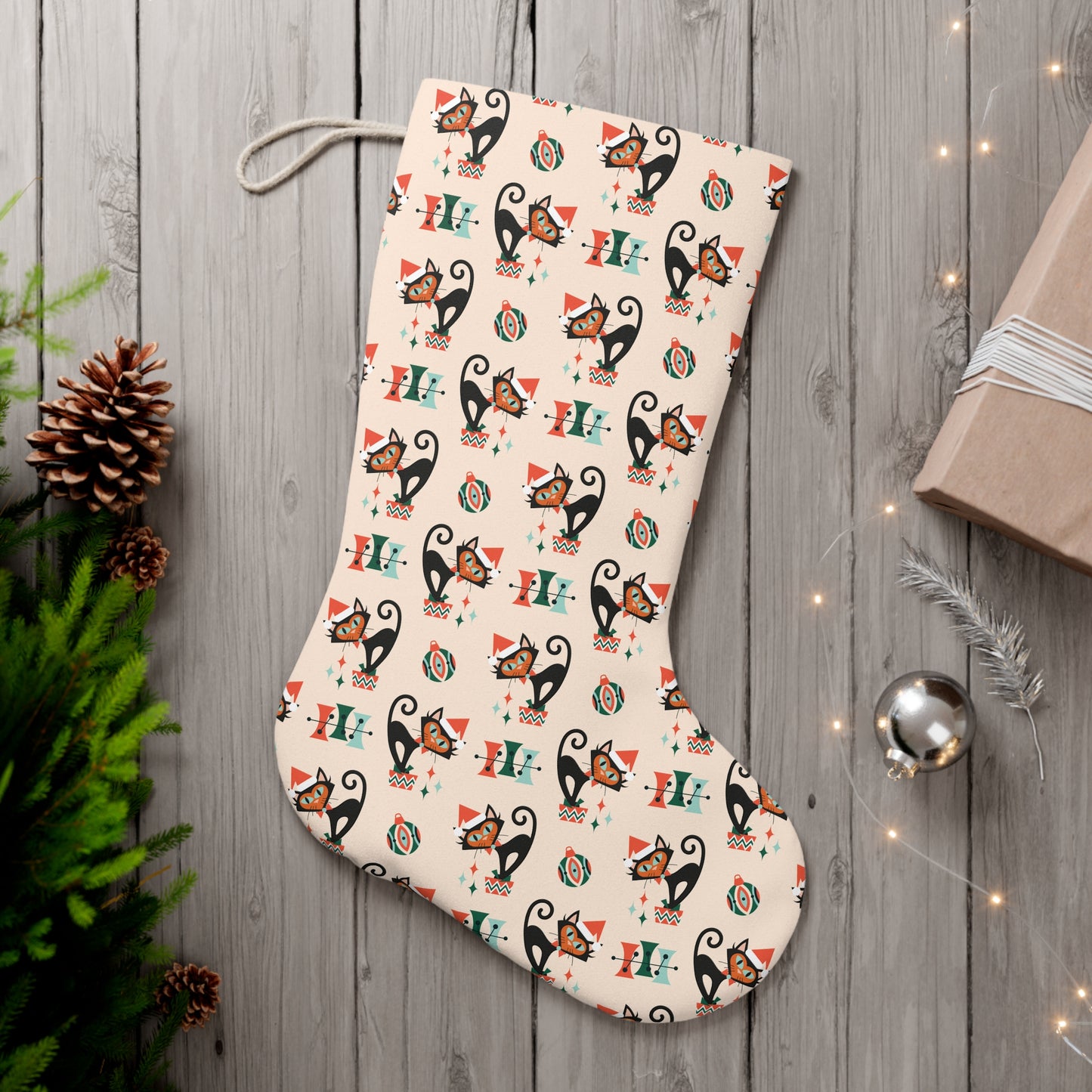 Retro 50s Christmas Atomic Cat Mid Century Modern Cream Holiday Stocking