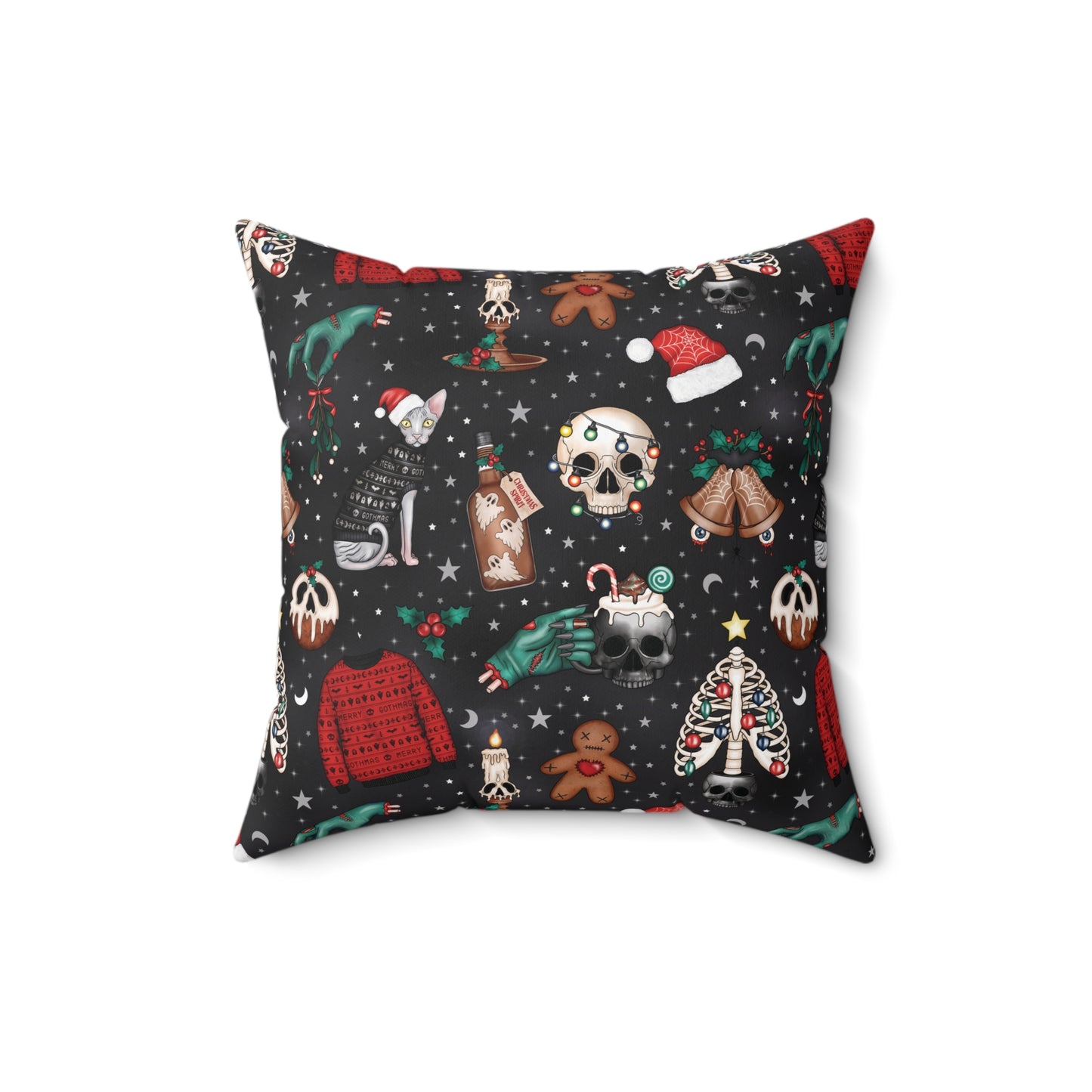 Kitschy Kawaii Goth Christmas, Creepy Cute Whimsigoth Black Creepmas Accent Pillow