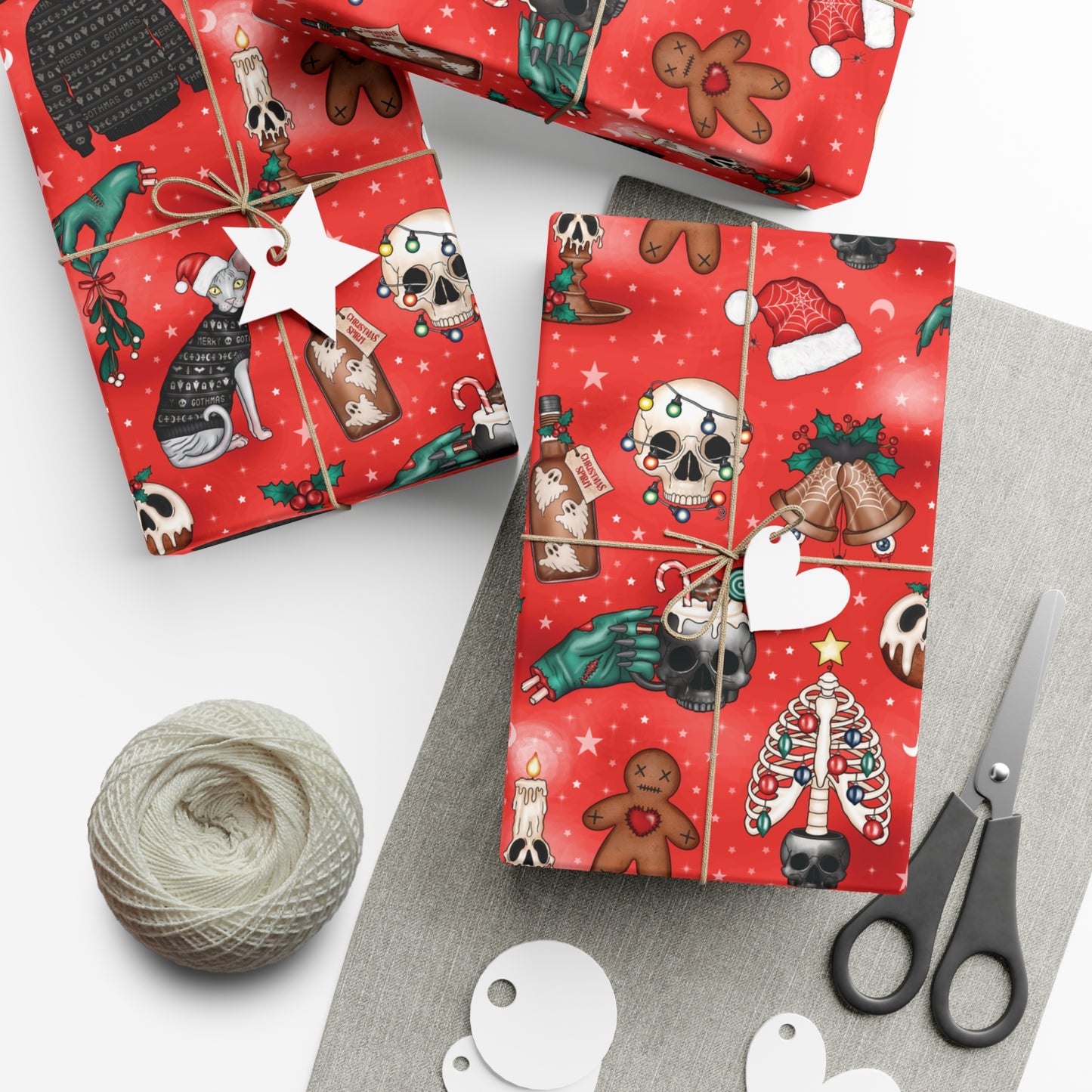 Goth Christmas Kitsch Skulls, Cats & Zombie Hands Red Eco-Friendly Gift Wrap Paper