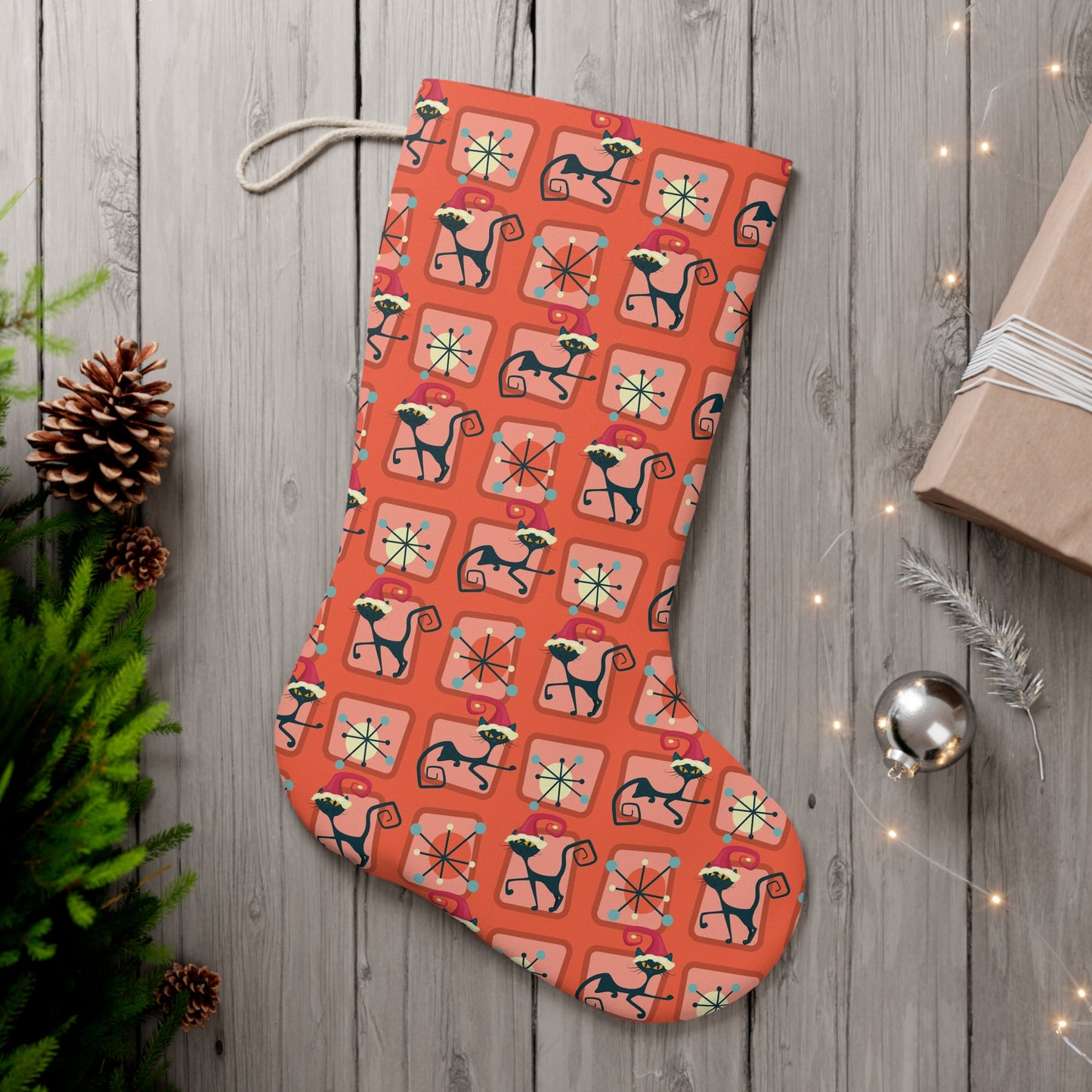 Retro Atomic Black Cat 50's Mid Century Modern Red Christmas Stocking