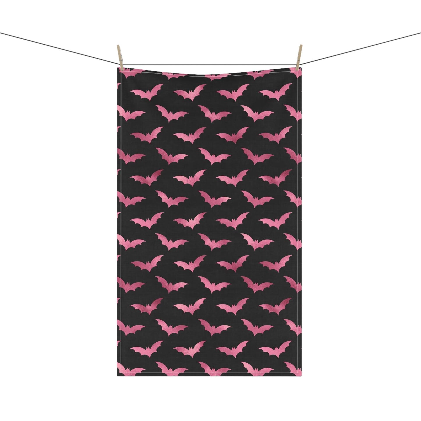 Pink Bats Spooky Halloween Glam Goth Black Kitchen Tea Towel | lovevisionkarma.com