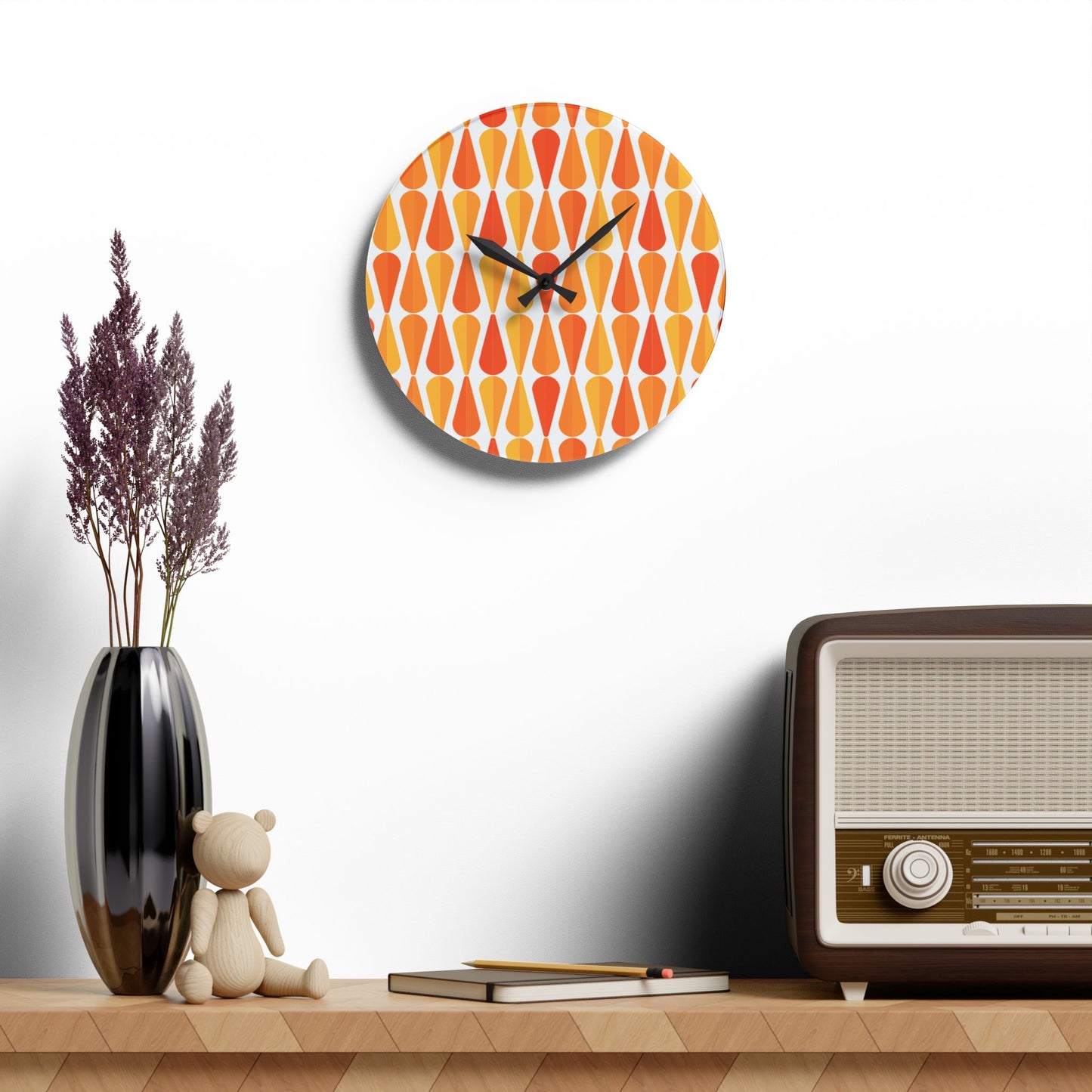 Retro 60s 70s Mid Century Modern Geometric Orange and Yellow Acrylic Wall Clock