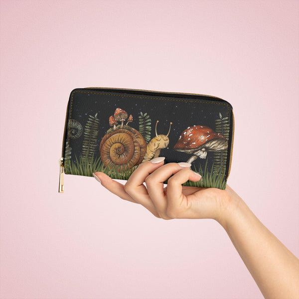 Boho Snail and Mushroom Enchanted Forest Cottagecore Zipper Wallet | lovevisionkarma.com