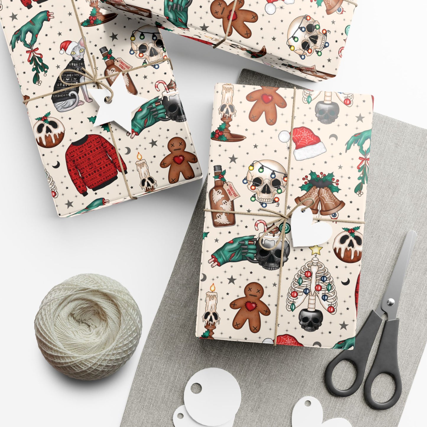 Goth Christmas Kitsch Skulls, Cats & Zombie Hands Multicolor Eco-Friendly Gift Wrap Paper