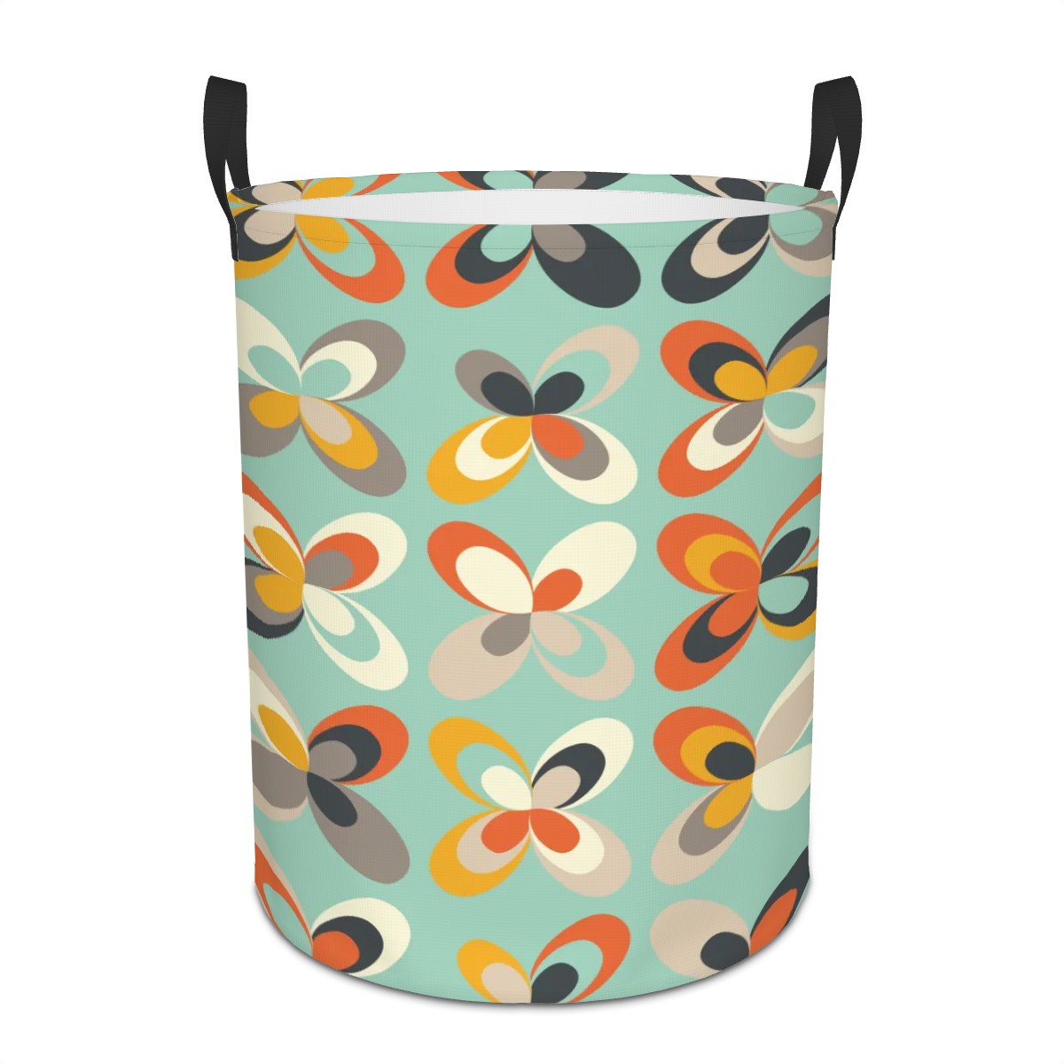Retro Scandi MCM Danish Flowers Mint Green Round Laundry Hamper