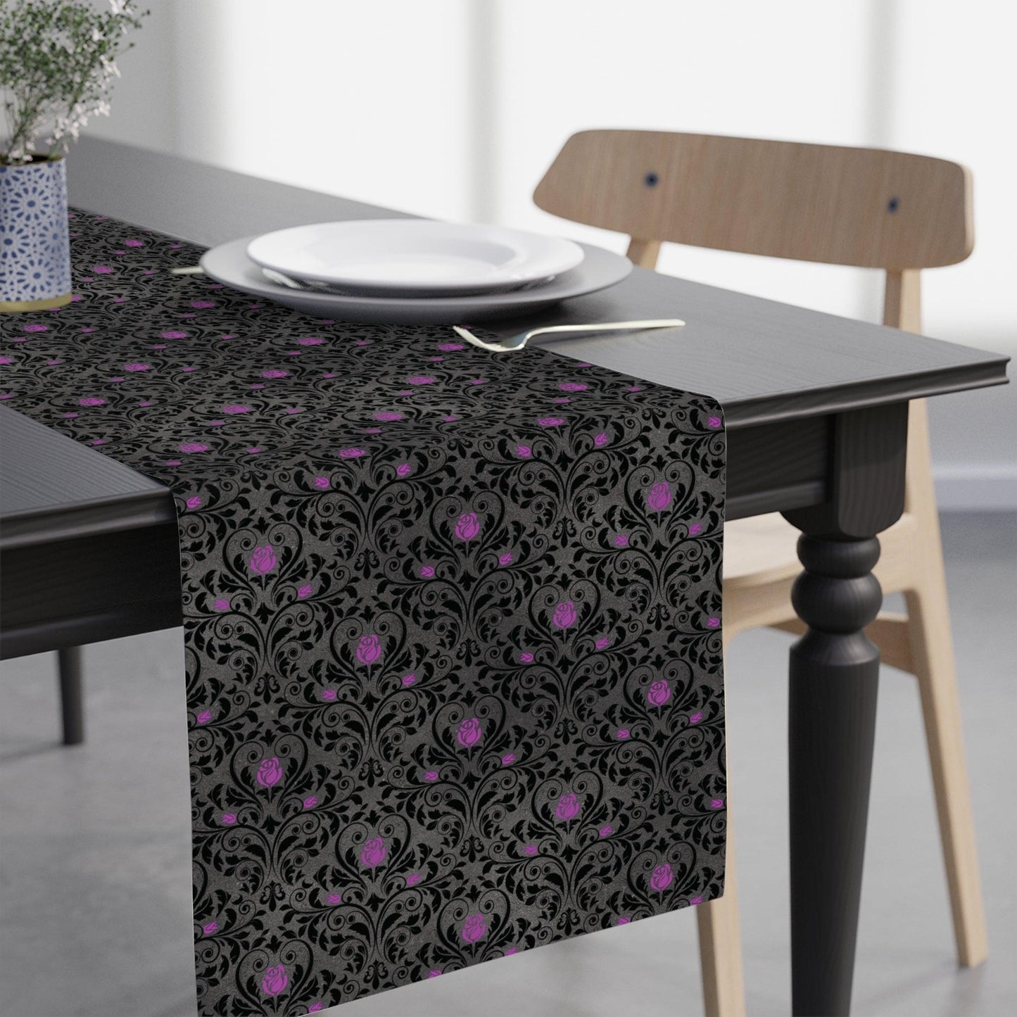 Victorian Goth Damask Purple & Black, Halloween Dark Academia Table Runner | lovevisionkarma.com