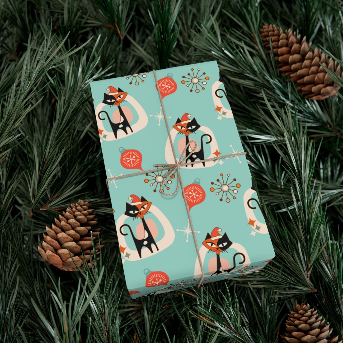 Retro 50's Atomic Cat & Starbursts Kitschy Christmas Mid Century Modern Blue Eco-Friendly Wrapping Paper