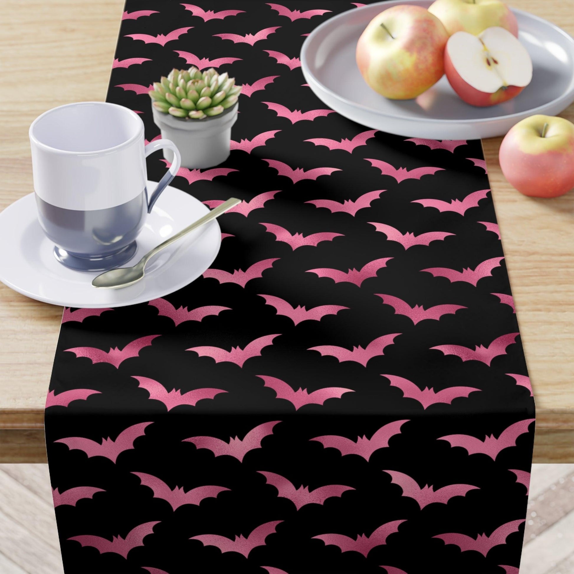 Pink Bats Spooky Halloween Glam Goth Black Table Runner | lovevisionkarma.com