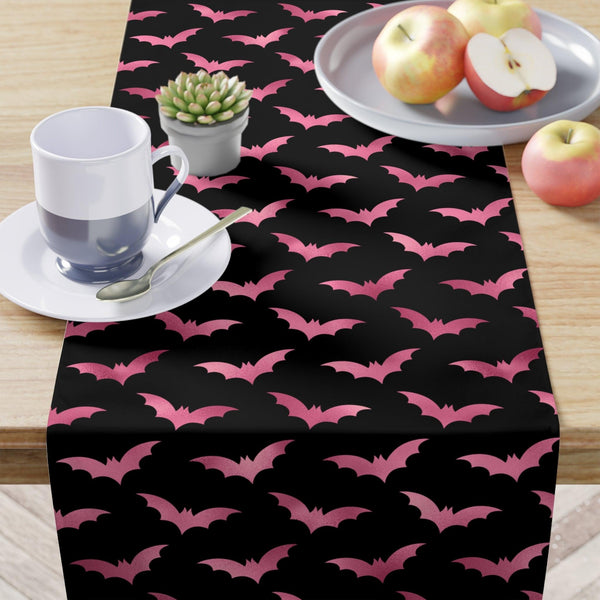 Pink Bats Spooky Halloween Glam Goth Black Table Runner