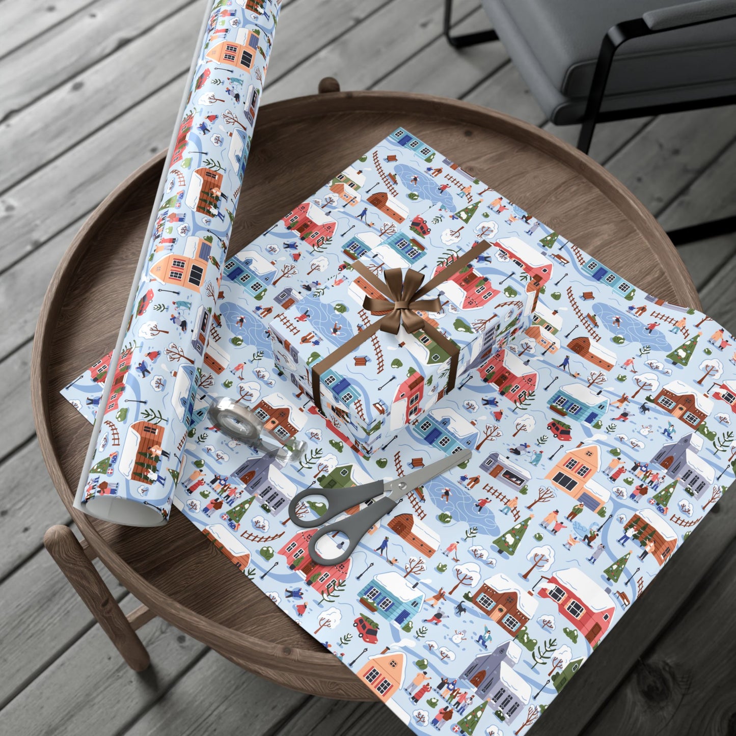 Small Town Christmas Village, Retro Vintage Winter Scene, Multicolor Eco-Friendly Gift Wrap