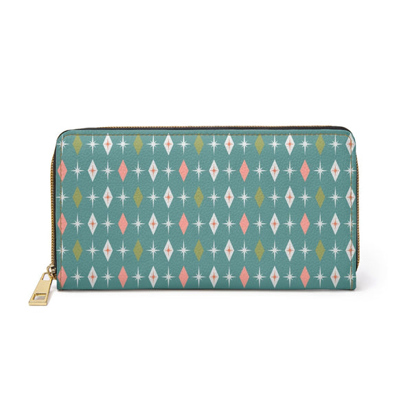 Retro Burst and Diamonds Mid Century Mod Teal and Pink Zipper Wallet
