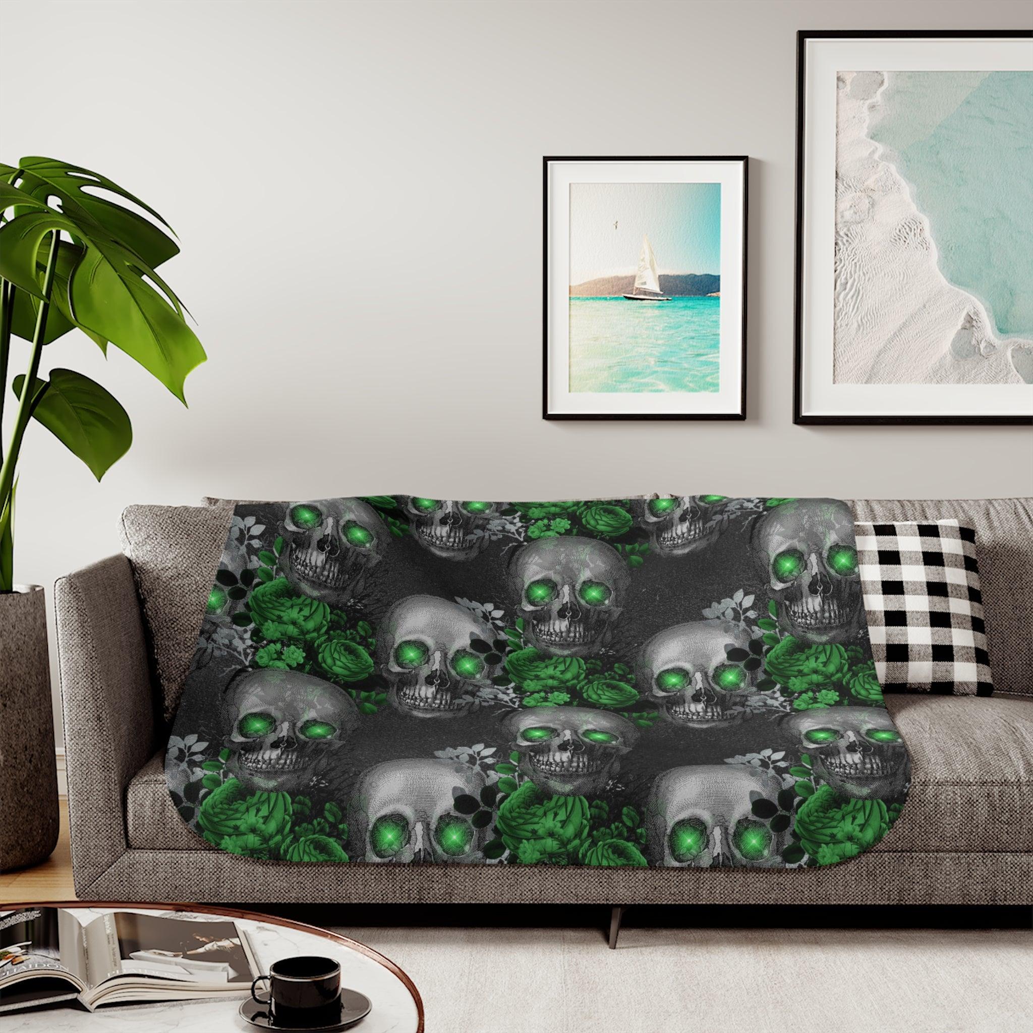 Gothic Floral Skulls with Green Eyes Glam Goth Sherpa Blanket | lovevisionkarma.com