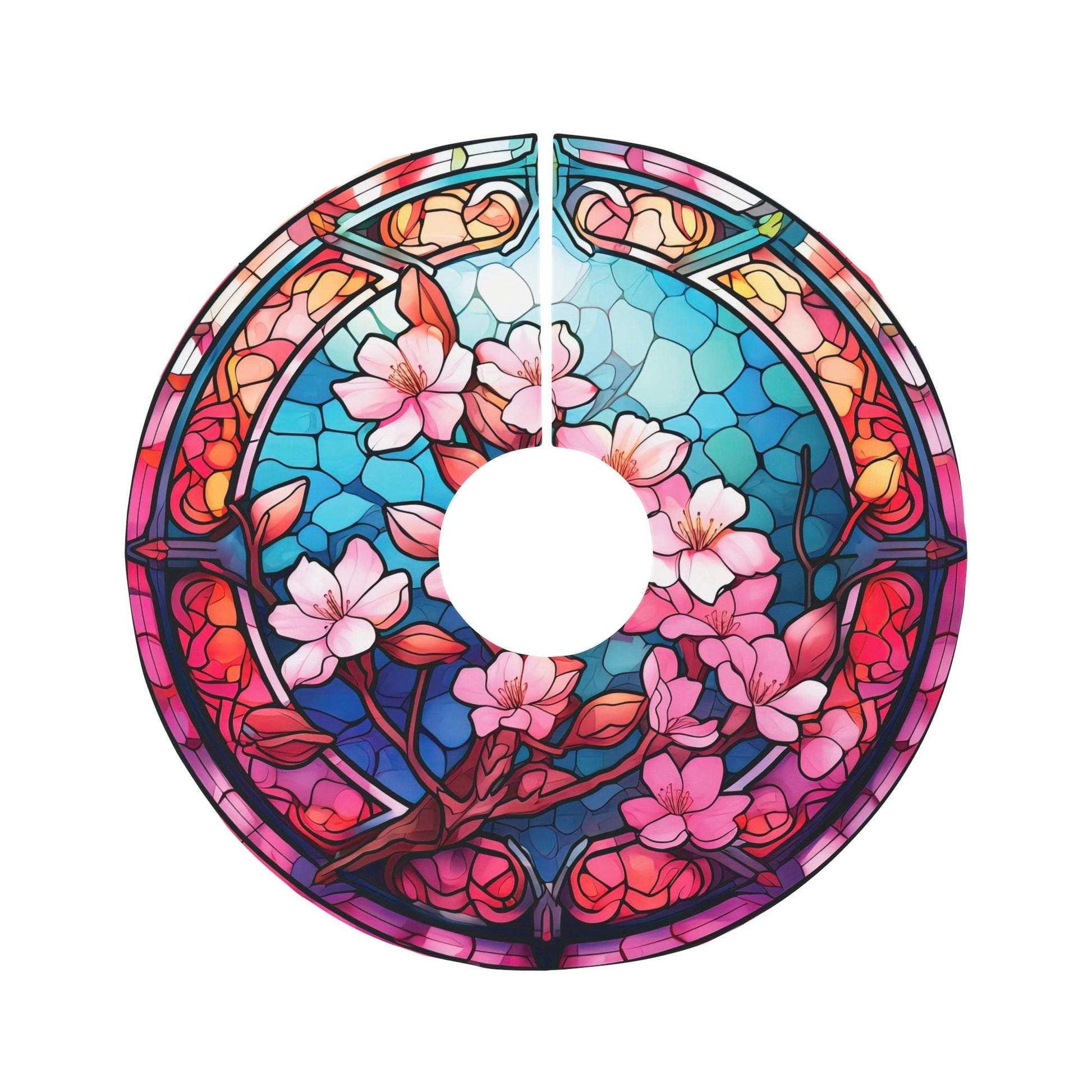 Cherry Blossom Sakura Stained Glass Inspired Colorful Whimsical Christmas Tree Skirt | lovevisionkarma.com