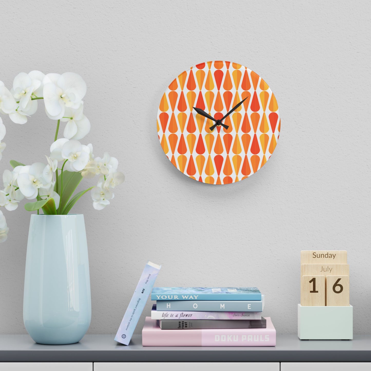 Retro 60s 70s Mid Century Modern Geometric Orange and Yellow Acrylic Wall Clock