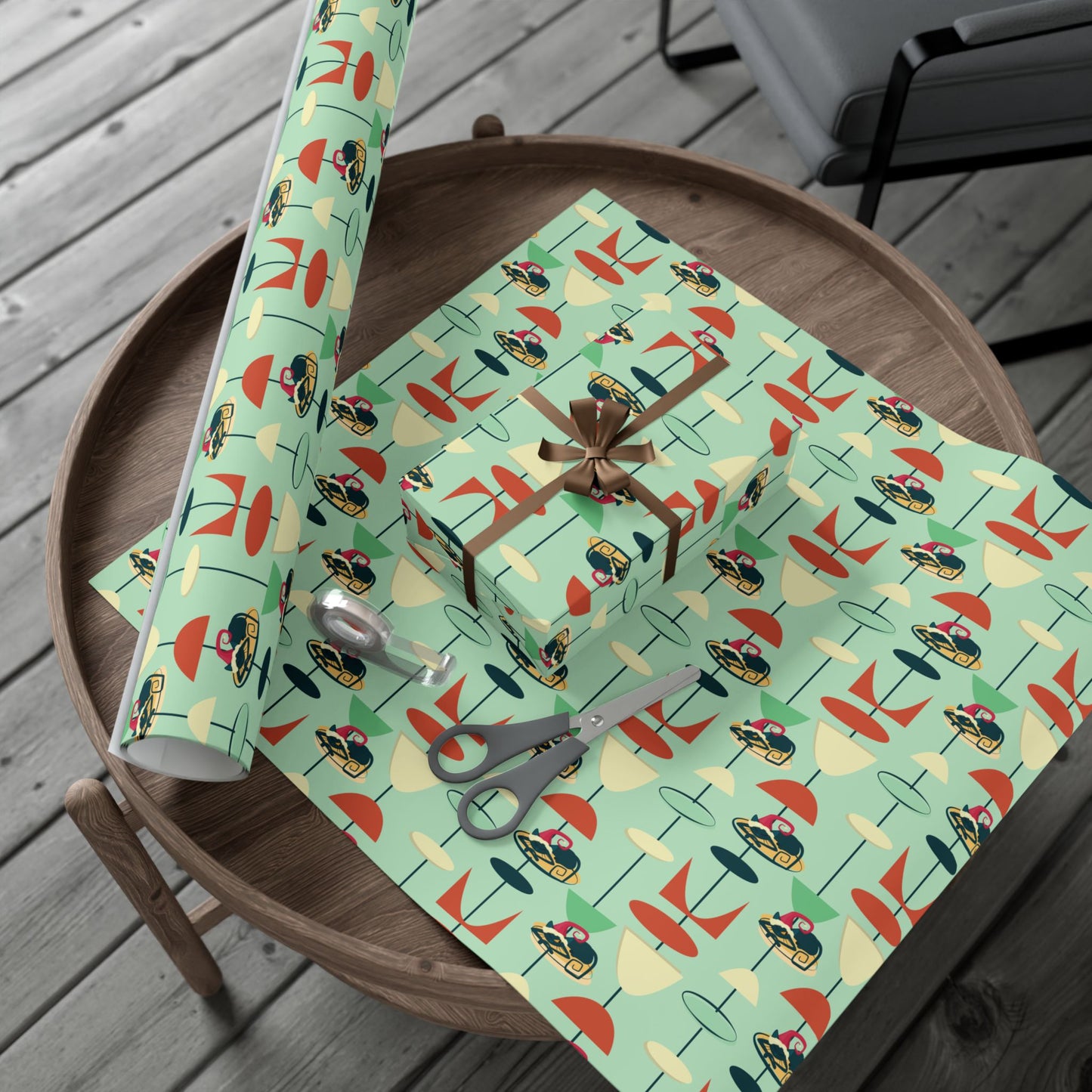 Retro 50's Atomic Cat Christmas Kitschy Mid Century Modern Green Eco-Friendly Wrapping Paper