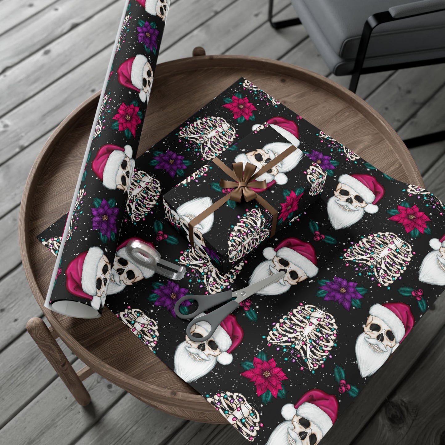 Santa Skull Goth Christmas Eco-Friendly Black Wrapping Paper, Kitschy Creepmas Whimsigoth
