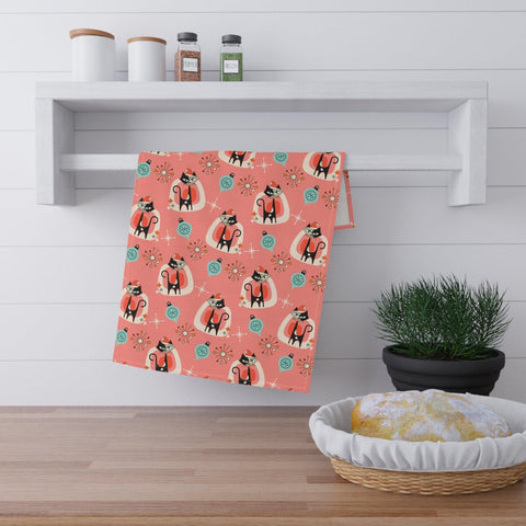 Retro 50s Atomic Cats Mid Century Modern Pink Coral Christmas Kitchen Tea Towel