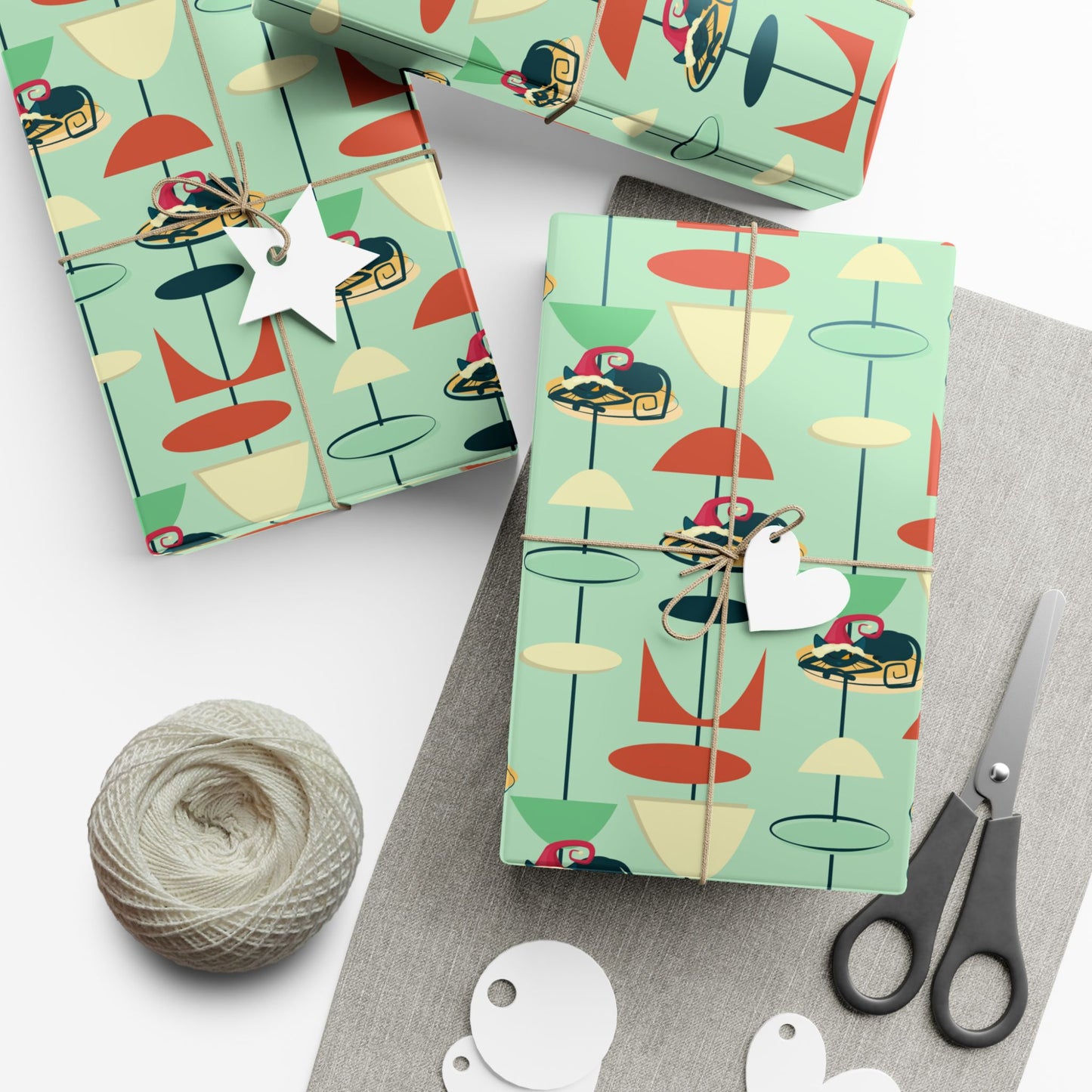 Retro 50's Atomic Cat Christmas Kitschy Mid Century Modern Green Eco-Friendly Wrapping Paper