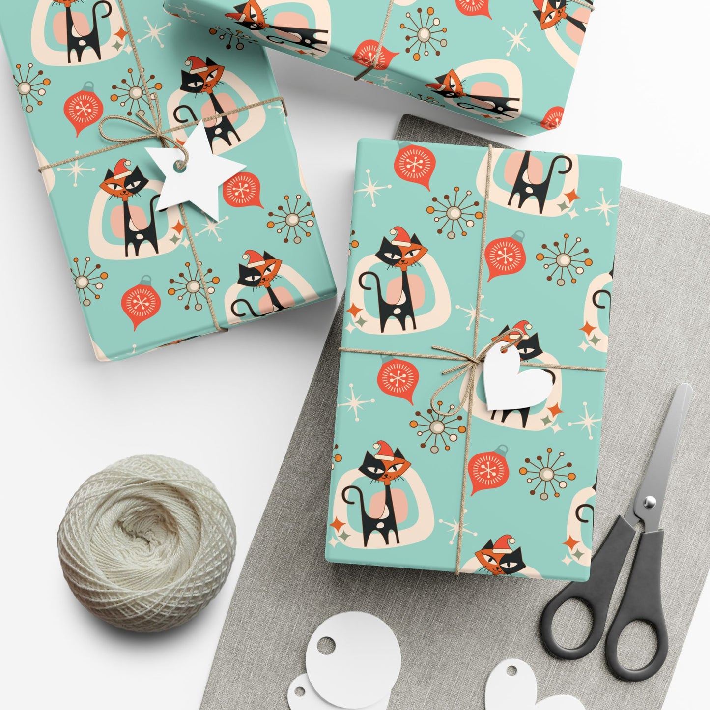 Retro 50's Atomic Cat & Starbursts Kitschy Christmas Mid Century Modern Blue Eco-Friendly Wrapping Paper