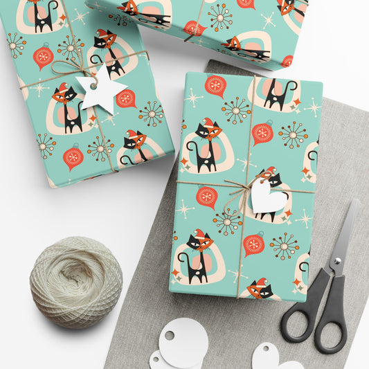Retro 50's Atomic Cat & Starbursts Kitschy Christmas Mid Century Modern Blue Eco-Friendly Wrapping Paper